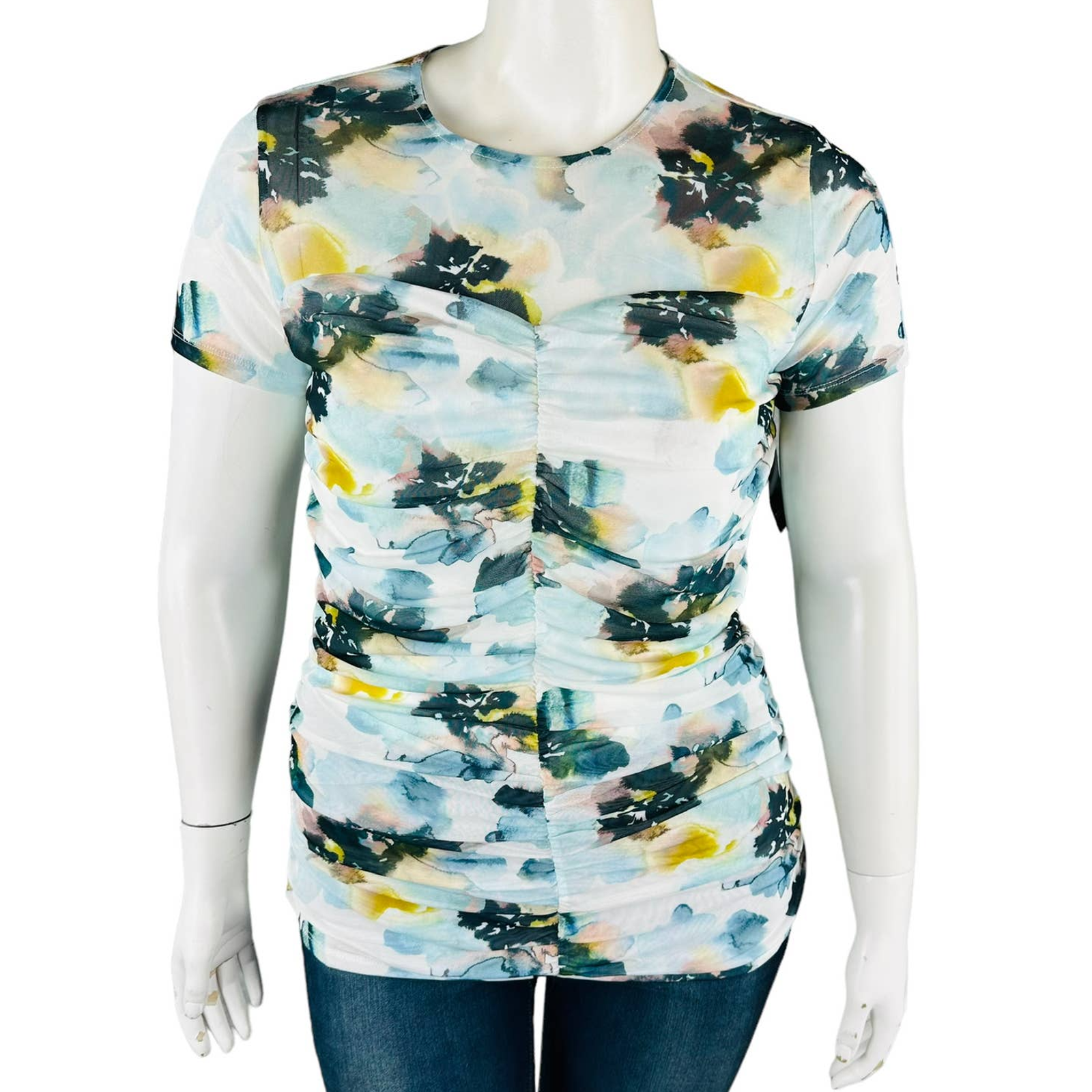 New Torrid Womans 6 6x Plus Stretch Mesh Blouse Ruched Top Floral Nwt
